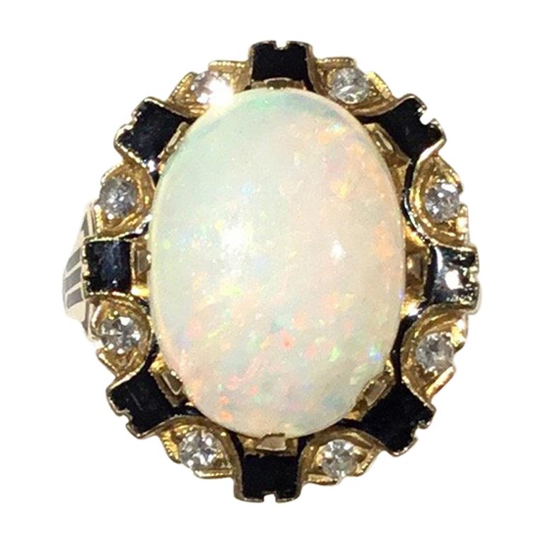 Opal 14k Gold Ring with Diamonds & Sapphire circa 1920