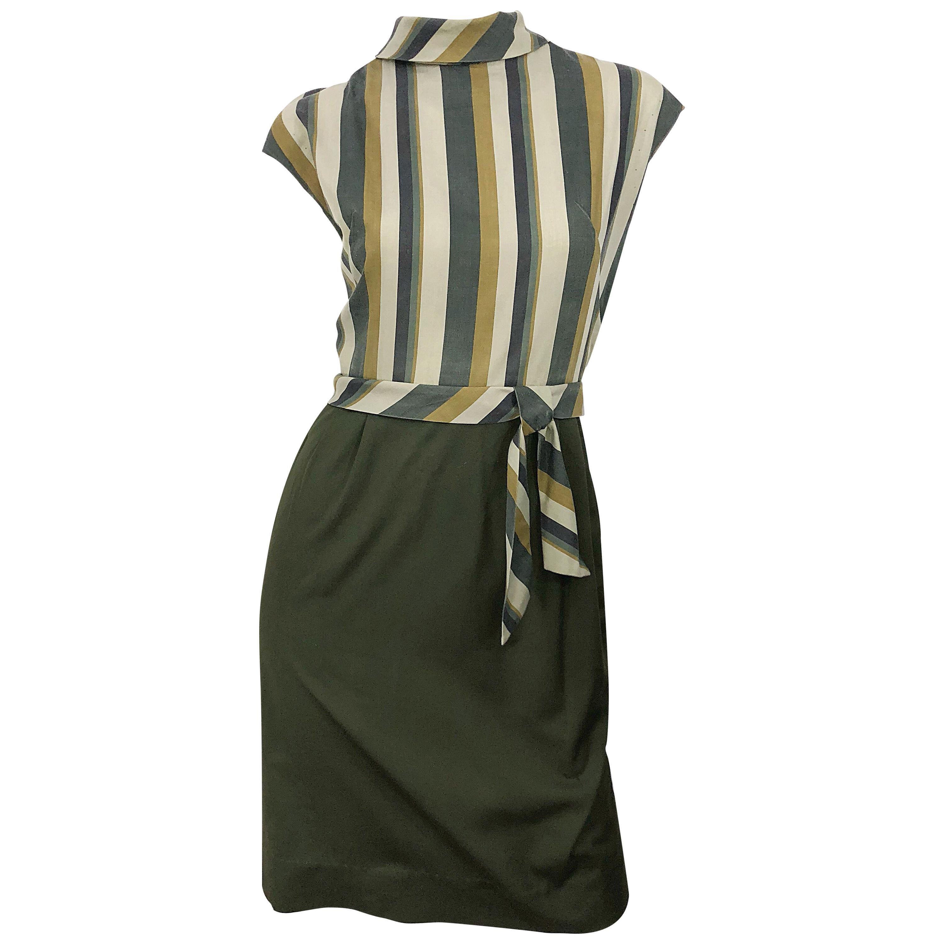 1960s Chic Chartreuse Olive Green Cotton Striped Cap Sleeve Vintage 60s Dress For Sale