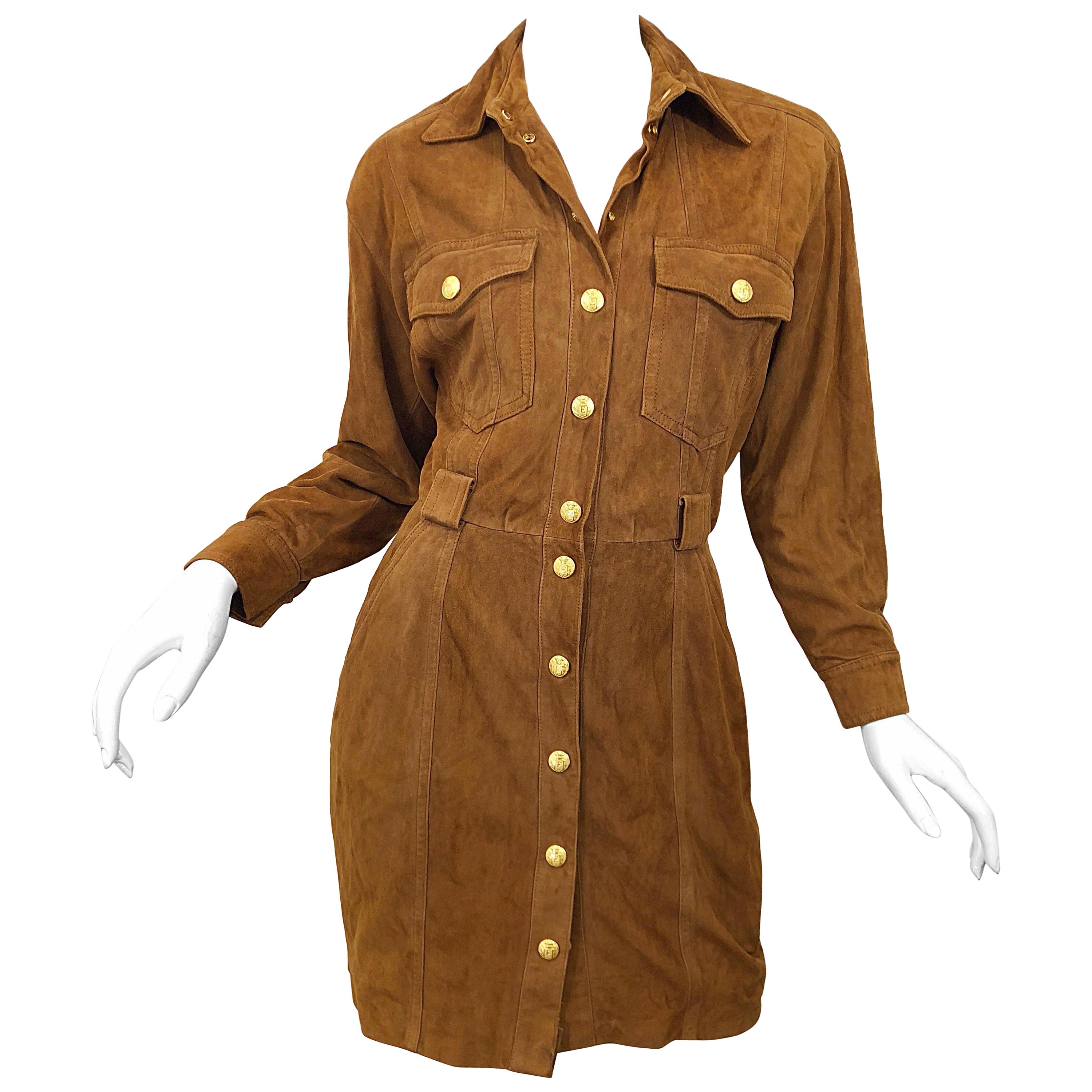 Vintage Escada by Margaretha Ley 1990s Saddle Brown Suede Leather Jacket Dress