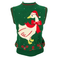1970s Green and Red Intarsia Wool Swan Novelty 70s Christmas Sweater Vest