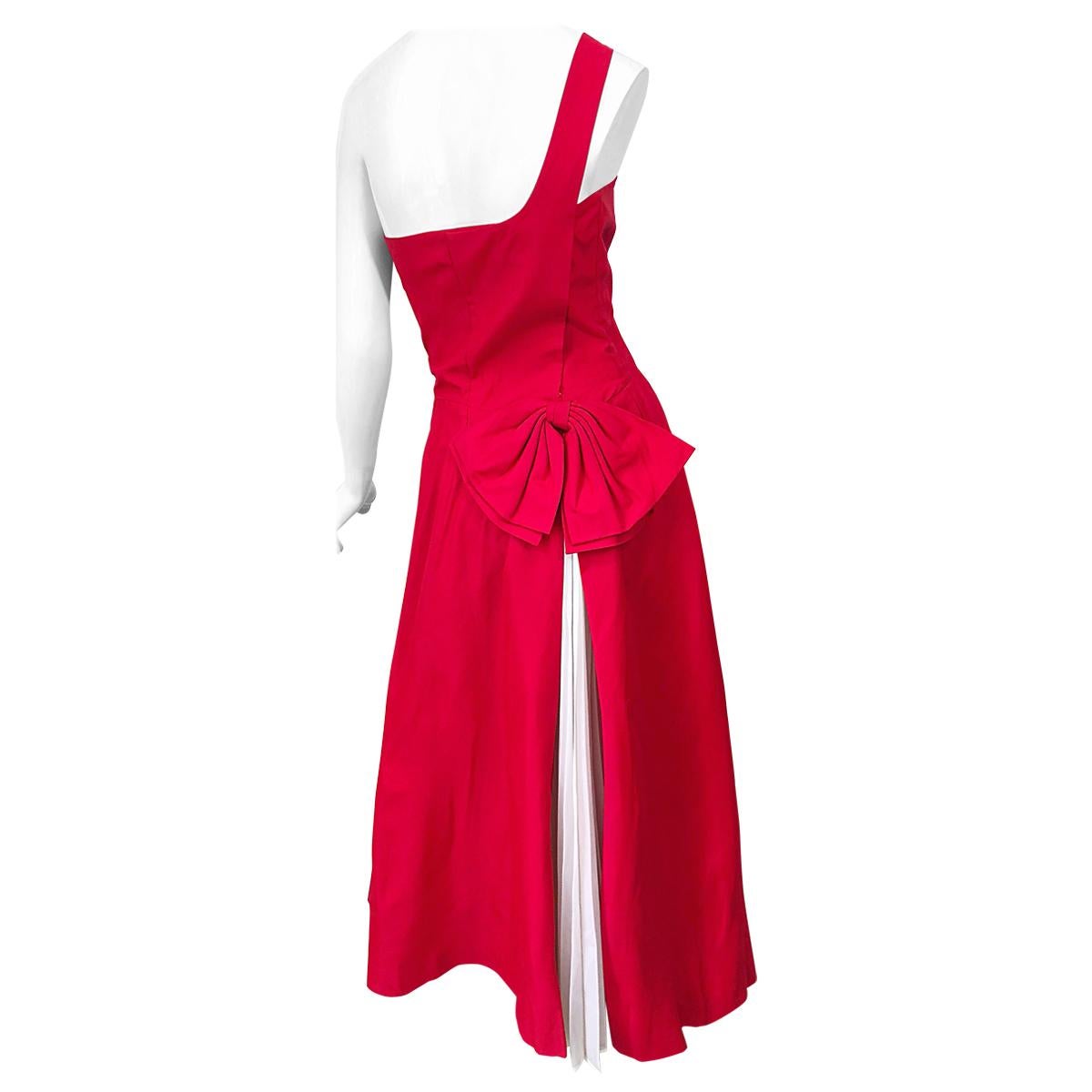 1950s Bess Myerson Lipstick Red + White One Shoulder Vintage 50s Silk Dress