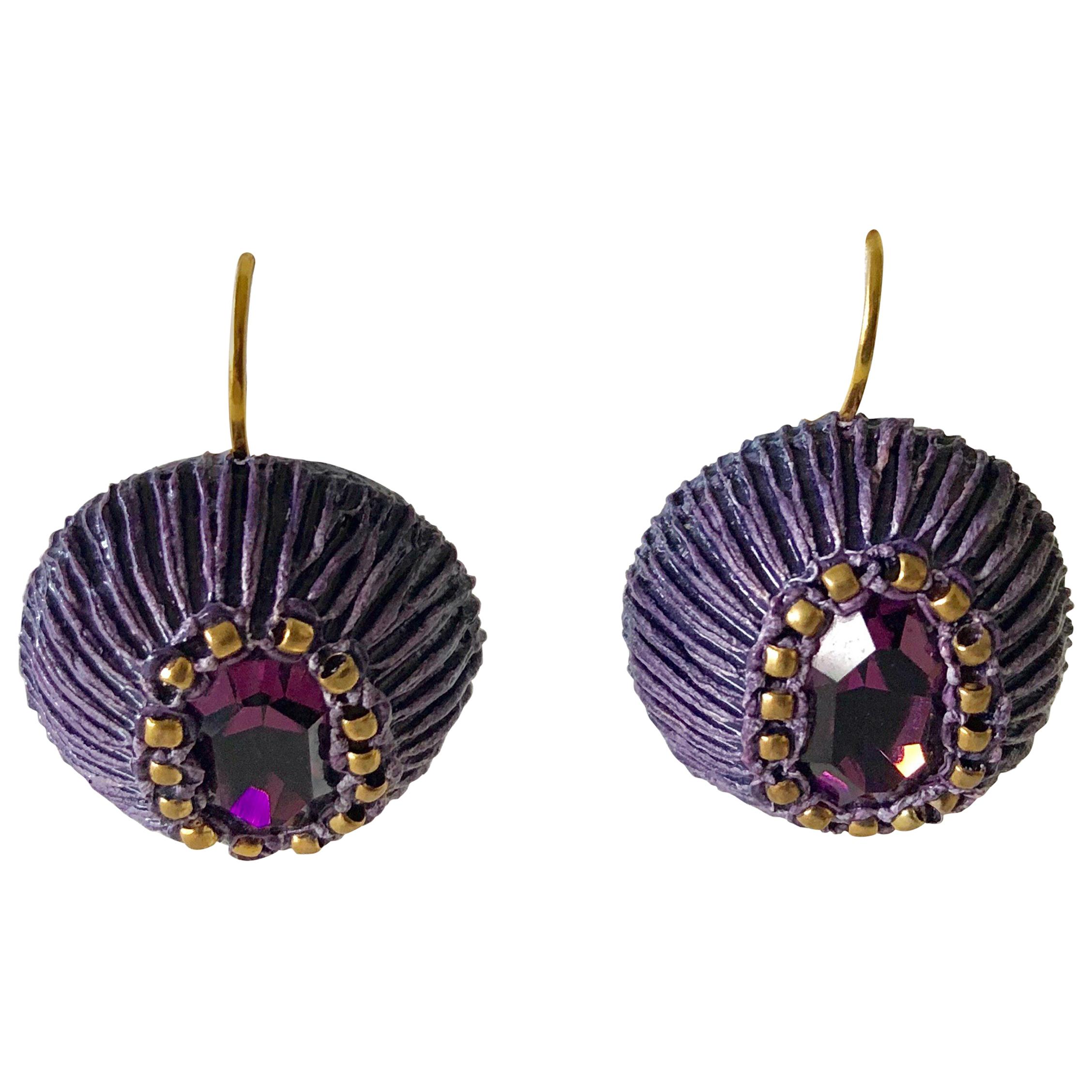 Gilt Purple Artisanal Drop Statement Earrings 