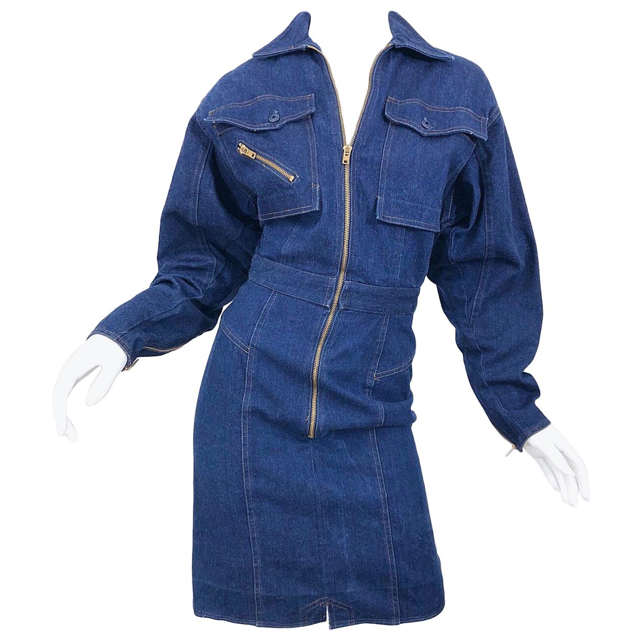 Avant Garde 1980 Denim Taille 8 Blue Jeans Long Sleeve Vintage 80s Moto Dress