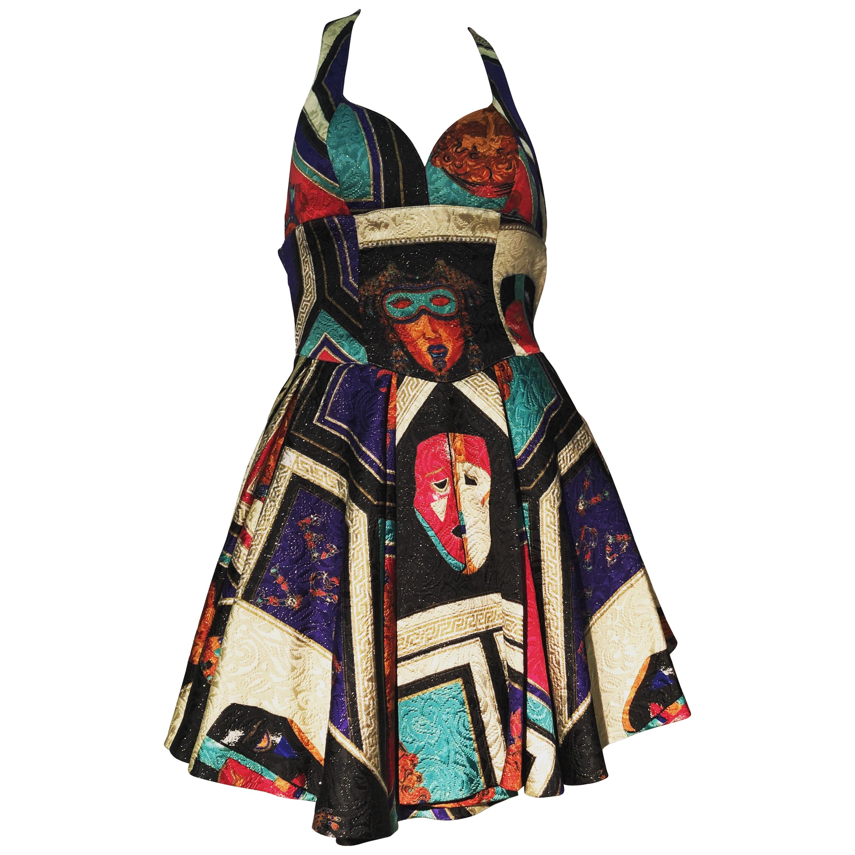 1992 Gianni Versace Masquerade-Inspired Silk Brocade Flared Mini Halter Dress 