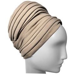 1950s Lilly Daché Tall Hollywood Style Ruched Turban in Mushroom Wool Knit