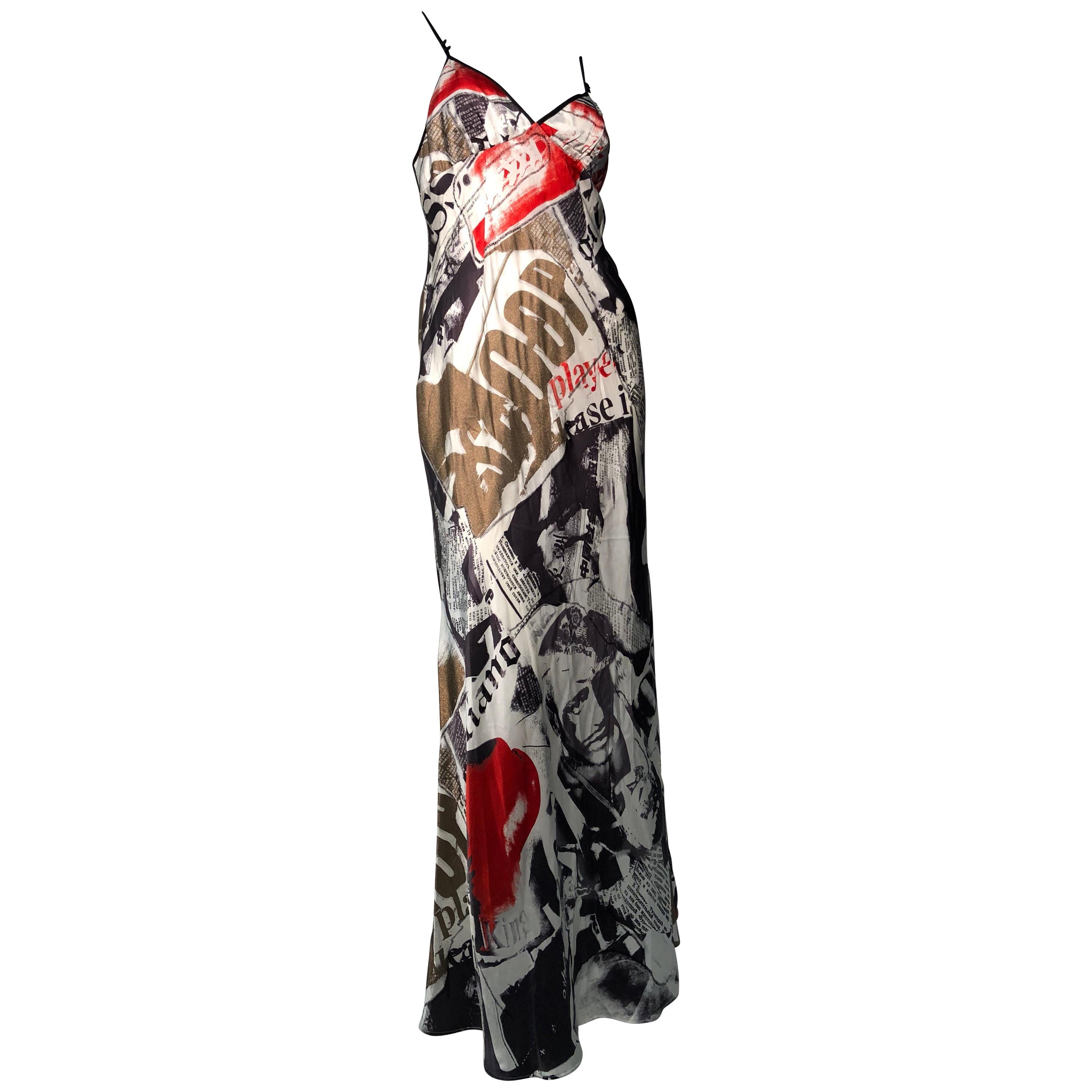 2000s John Galliano Unworn Silk Newsprint Bias-Cut Slip Gown Dress