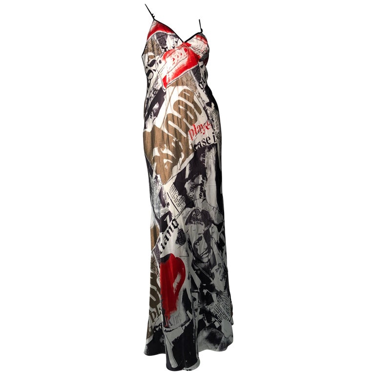 John Galliano silk newsprint bias-cut slip dress, 2000s, offered by Torso Vintages