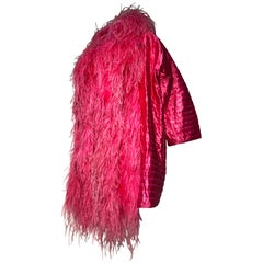 1990s Gianfranco Ferré Hot Pink Quilted Silk Cocoon Coat W/ Huge Ostrich Collar