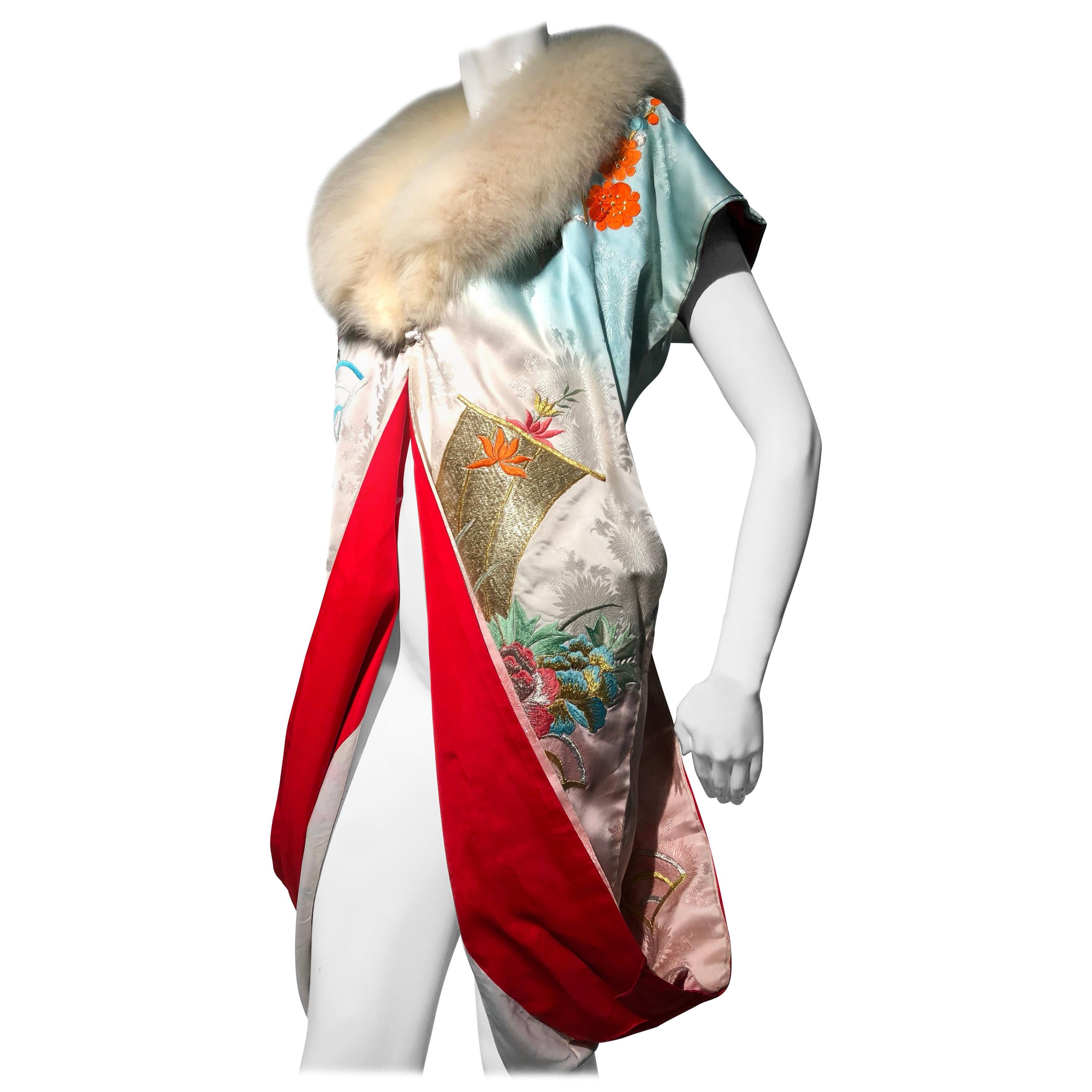 Torso Creations Antique Kimono Sleeve Deconstructed Robe W/ Vintage White Fox 