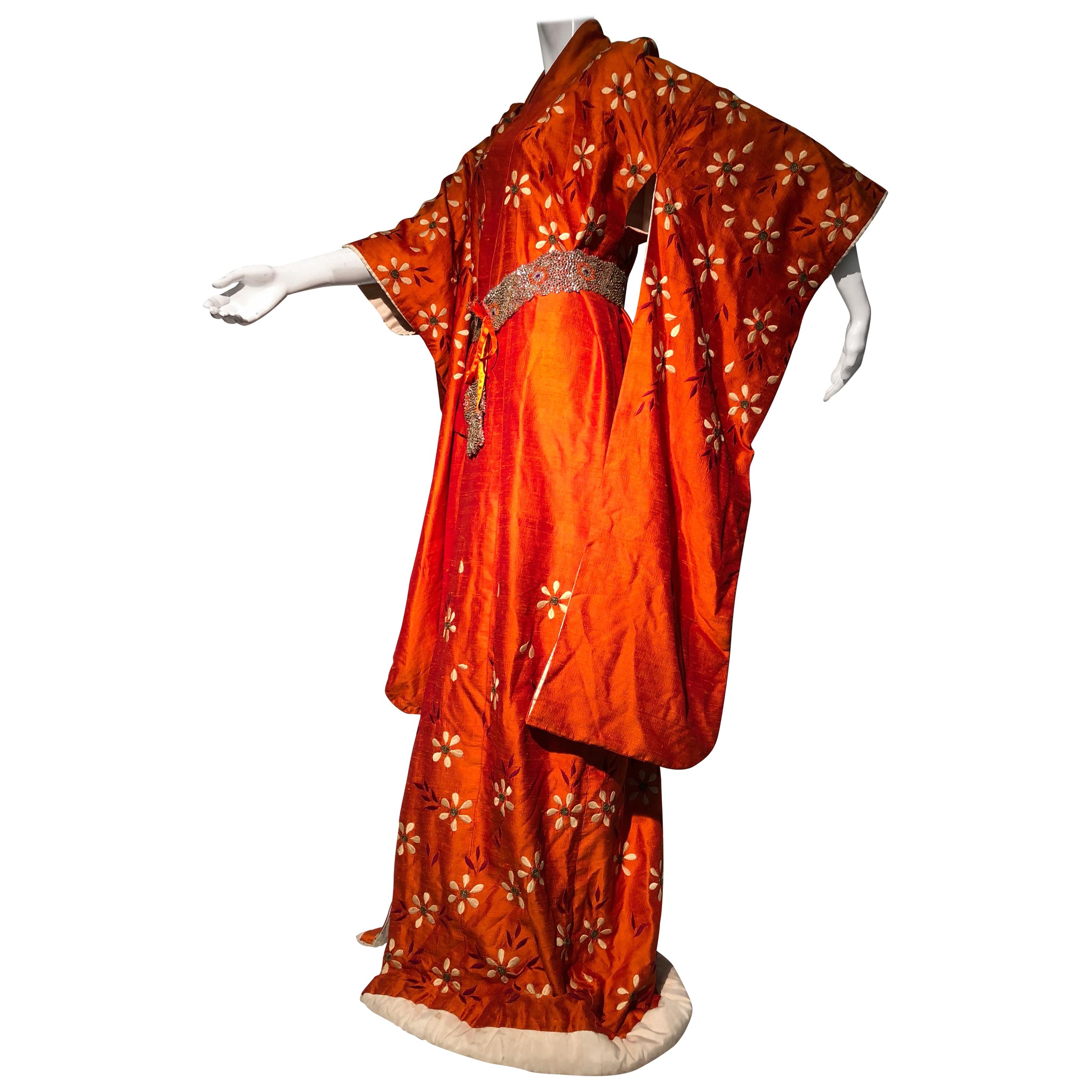 1940s Burnt Orange Raw Silk Spring Kimono W/ Embroidered Daisies & Beaded Belt