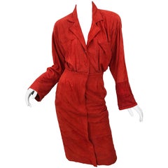 Chic 1990s Red Rust Suede Leather Size 4 / 6 Long Sleeve Vintage 90s Shirt Dress