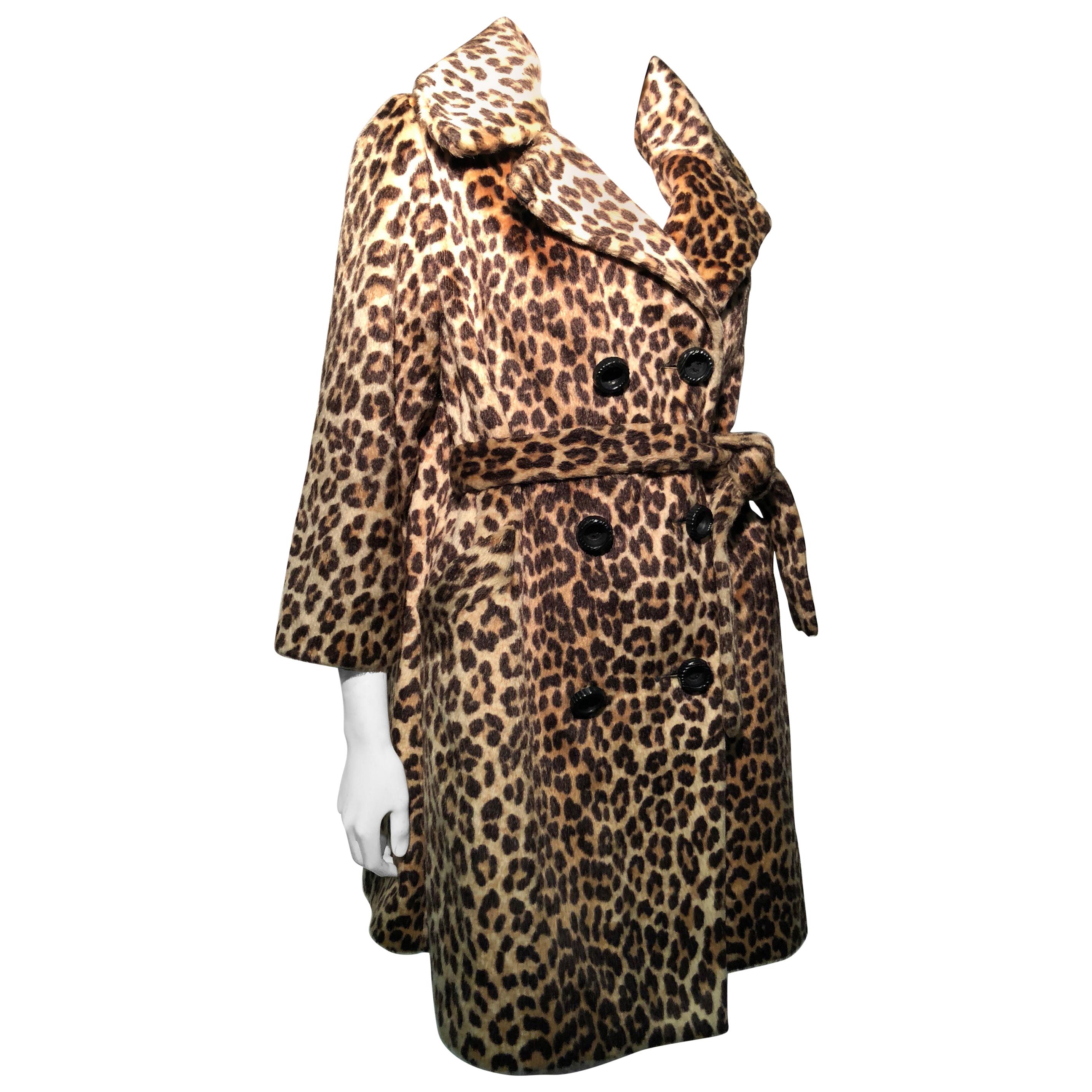 1960s Faux Leopard Fur Trench Coat W/ Original Belt By Somali  For Sale