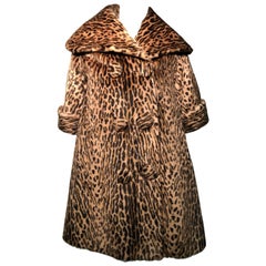 Vintage 1950s Kashan Faux Leopard Fur Swing Coat With Shawl Collar 