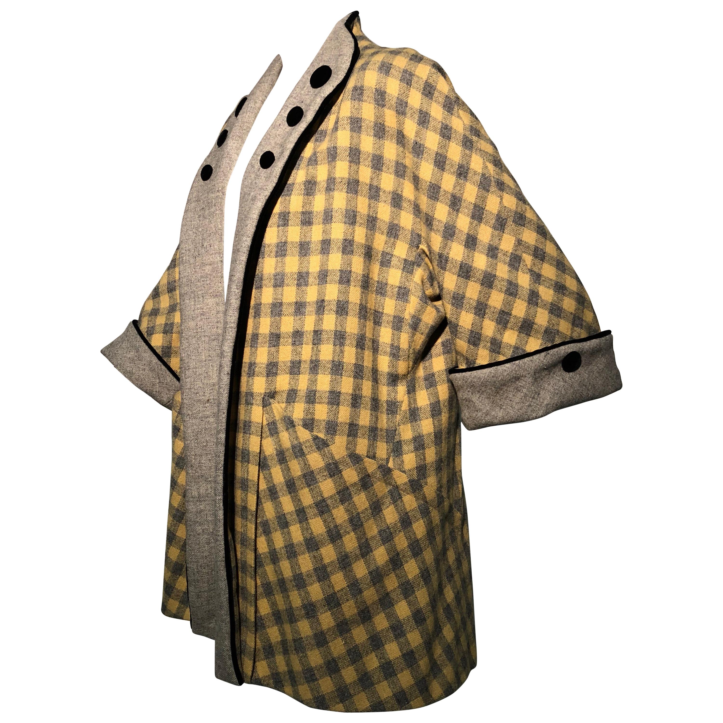 1950s Pierre Benoit Yellow & Gray Checked Wool Stroller Coat W/ Velvet Buttons For Sale