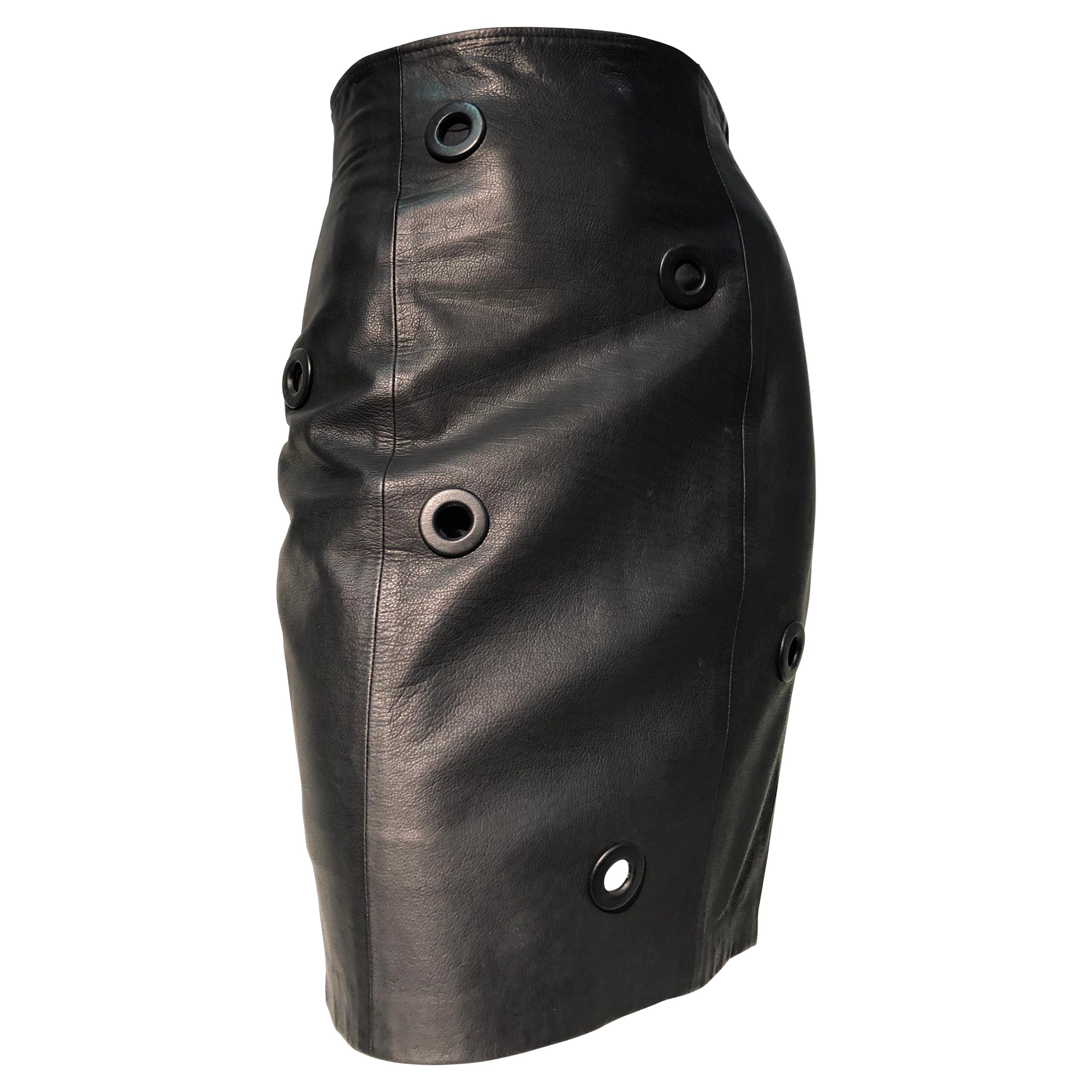 1980s Gianfranco Ferré High-Waisted Black Leather Mini Skirt W/ Large Eyelets