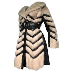 Vintage 1960s Honey Blonde Mink & Leather Chevron Pieced Coat W/ Leather Corset Belt