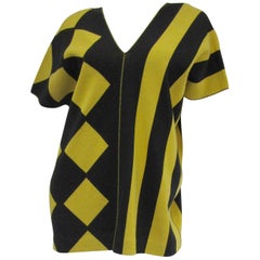 1980s Issey Miyake Yellow and Black Diamond and Stripe Cotton Knit Top