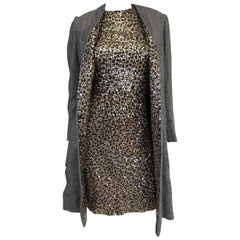 1960s Bill Blass Grey and Gold Sequin Dress with Sequin Lined Jacket xxs