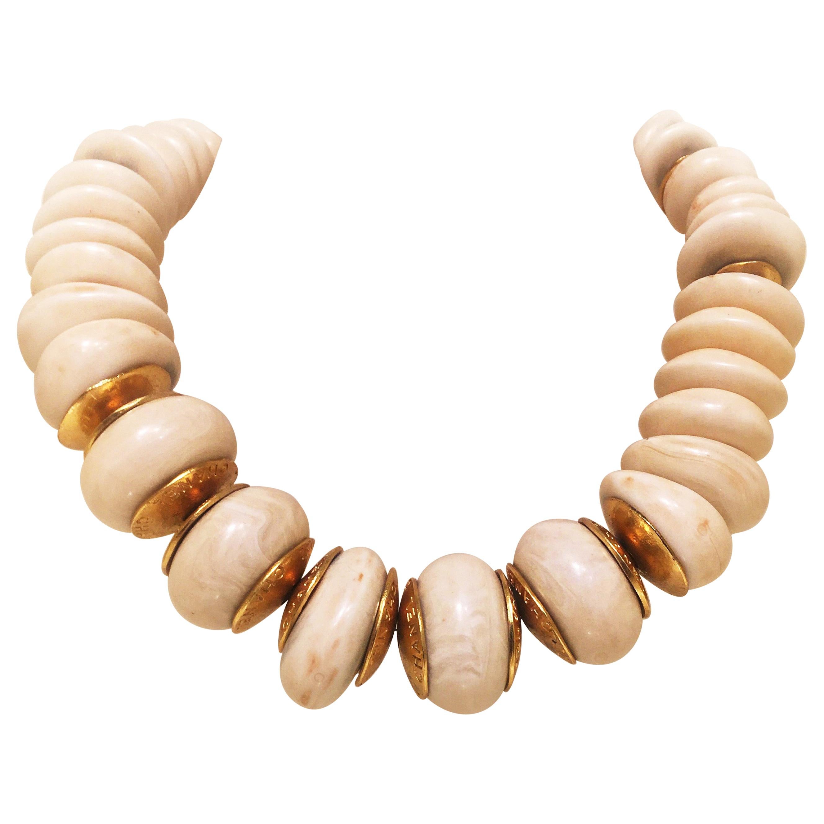 Vintage Chanel Ivory Resin Gold Necklace, 1990s For Sale