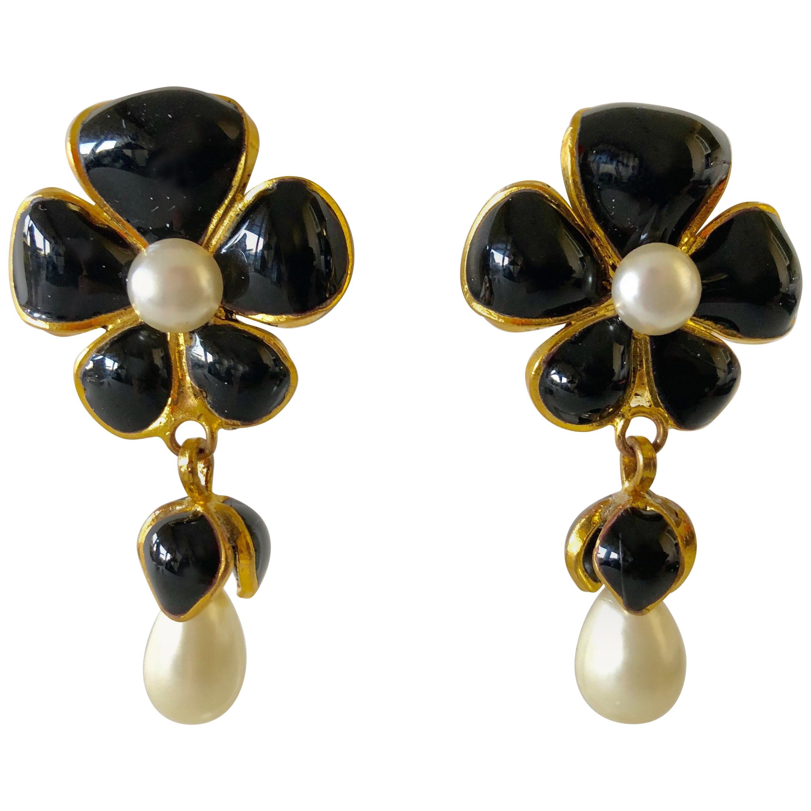 Vintage Chanel Black Pearl Flower Statement Earrings 