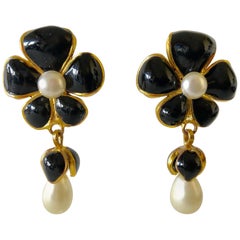 Vintage Chanel Black Pearl Flower Statement Earrings