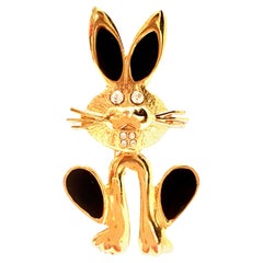 Vintage 20th Century Gold Enamel & Austrian Crystal Bunny Rabbit Brooch