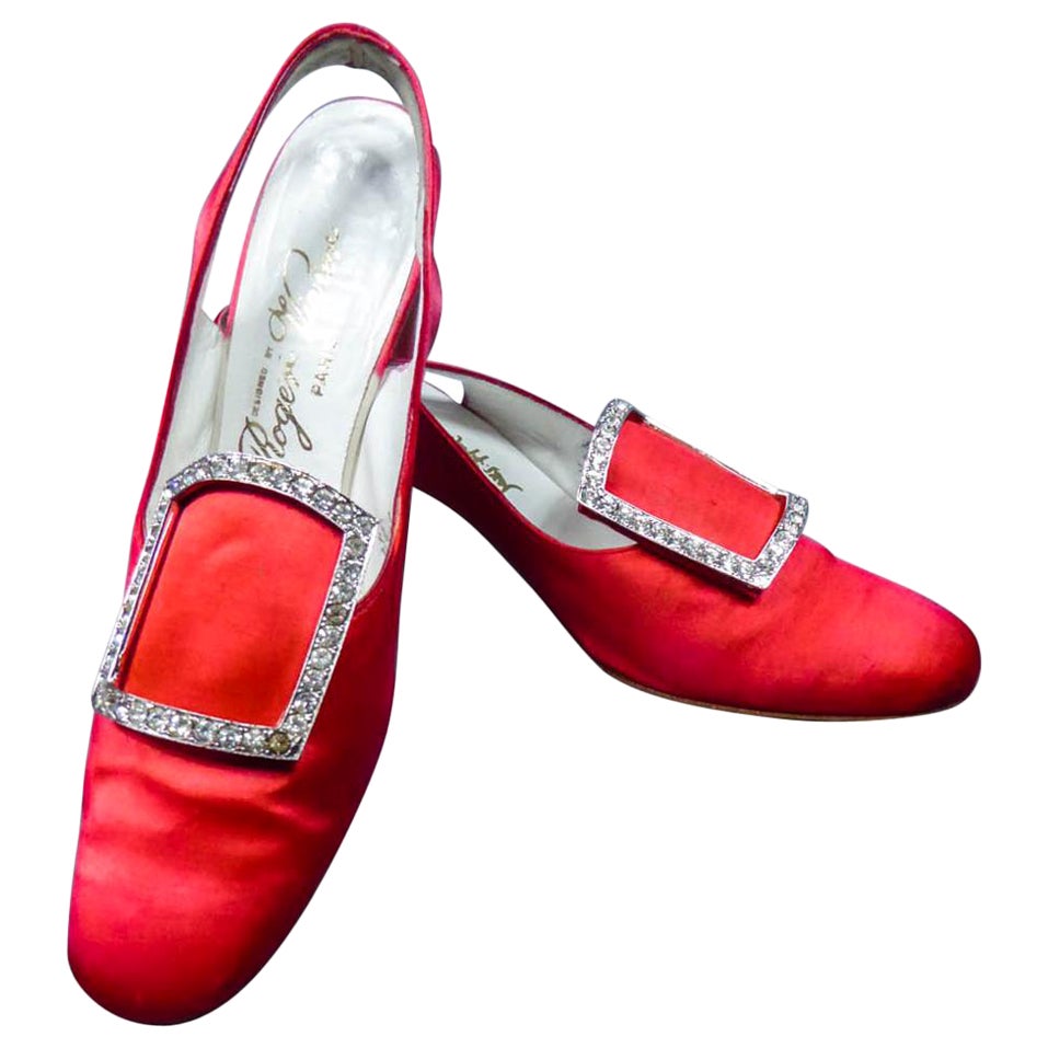 An Iconic and Collectible Pair of Roger Vivier Red Satin Pumps Circa 1970
