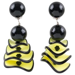 Angela Caputi Yellow and Black Dangling Resin Chandelier Clip on Earrings