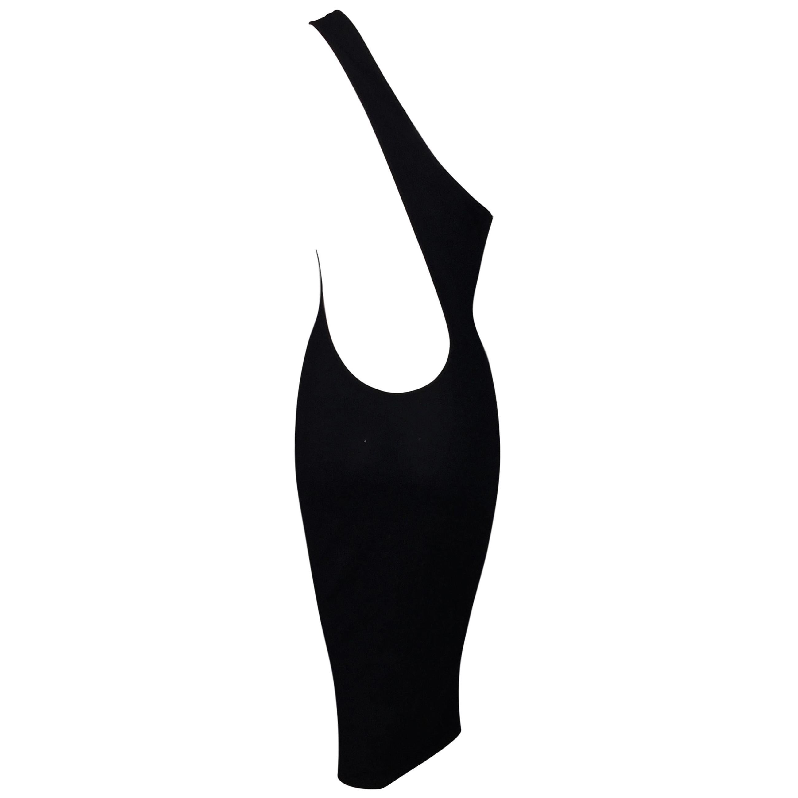 S/S 2000 Gucci Tom Ford One Shoulder Black Knit Plunging Back Bodycon Dress