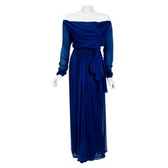 Vintage 1989 Yves Saint Laurent Haute Couture Cobalt Blue Silk Off-Shoulder Gown