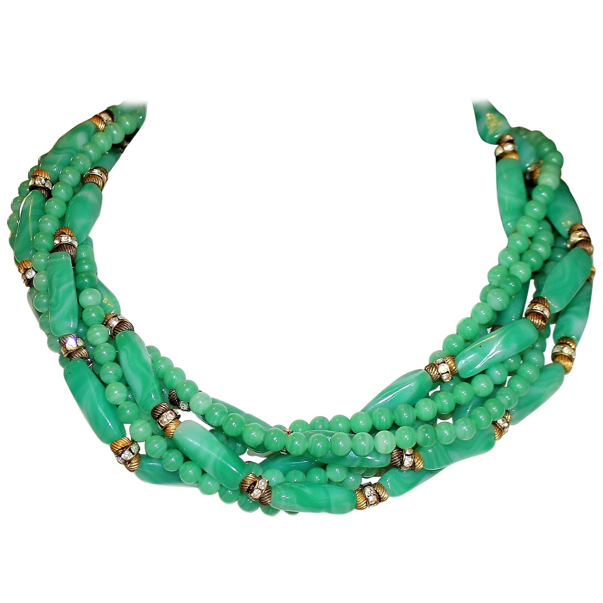 Circa 1960s William deLillo Green Glass Bead Necklace For Sale