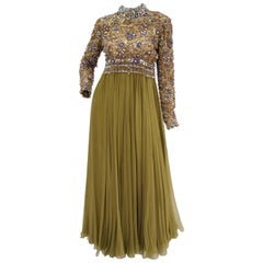 1960s George Halley Olive Green Silk Chiffon Beaded Bodice Evening Dress