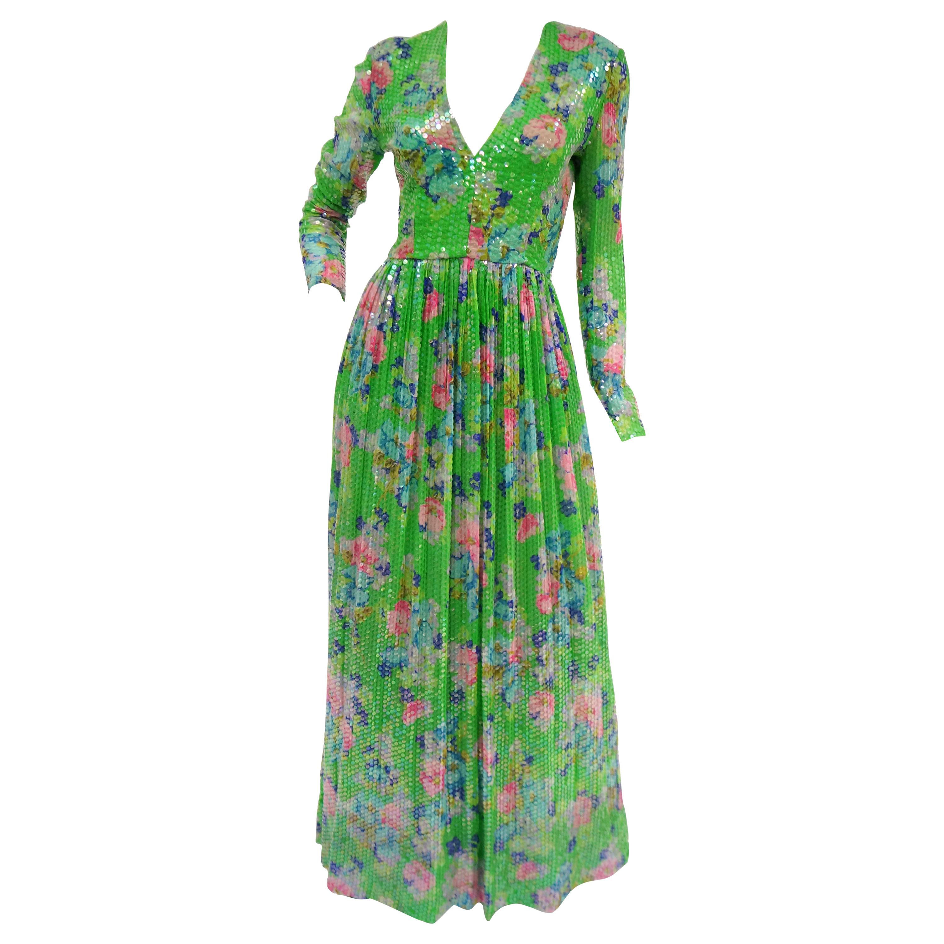1970s Harold Levine Clear Sequined Green and Pink Floral Maxi Dress For Sale