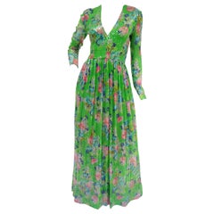 1970s Harold Levine Clear Sequined Green and Pink Floral Maxi Dress