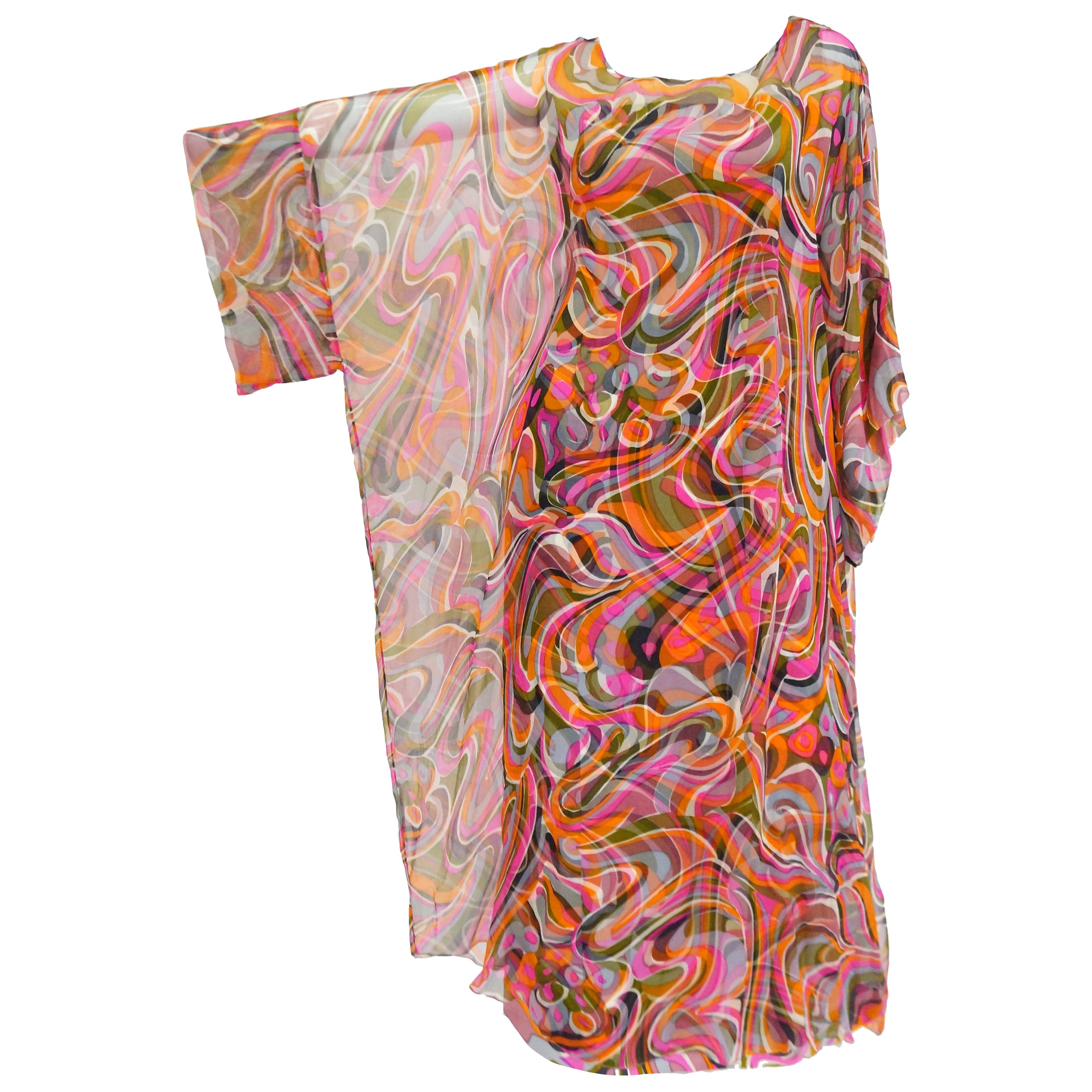 1960s Neiman Marcus Vibrant Pink Swirl Dress with Sheer Kimono Detail 
