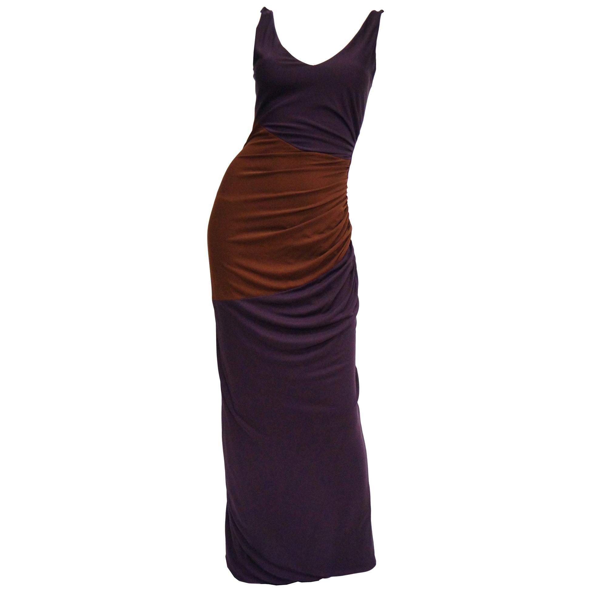 2007 Donald Deal Aubergine and Ginger Colorblock Drape Bodycon Evening Dress For Sale