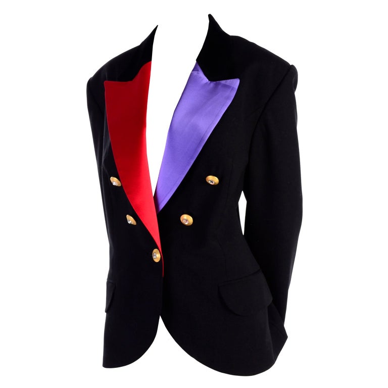 Louis Feraud - Blazer de smoking noir vintage avec satin violet et rouge En  vente sur 1stDibs