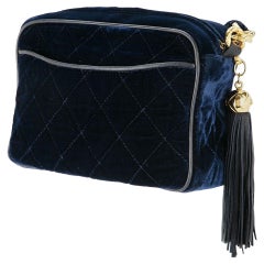 Chanel Ultra Rare Mini Vintage Blue Roi Velvet Fringe Tassel Clutch Camera Tote