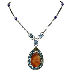 Antique Circa 1920s Chinese Enameled Carnelian Pendant Necklace