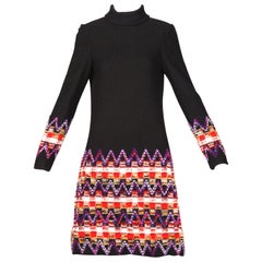 1960s Teal Traina Vintage Knit Mod Zig Zag Sweater Dress