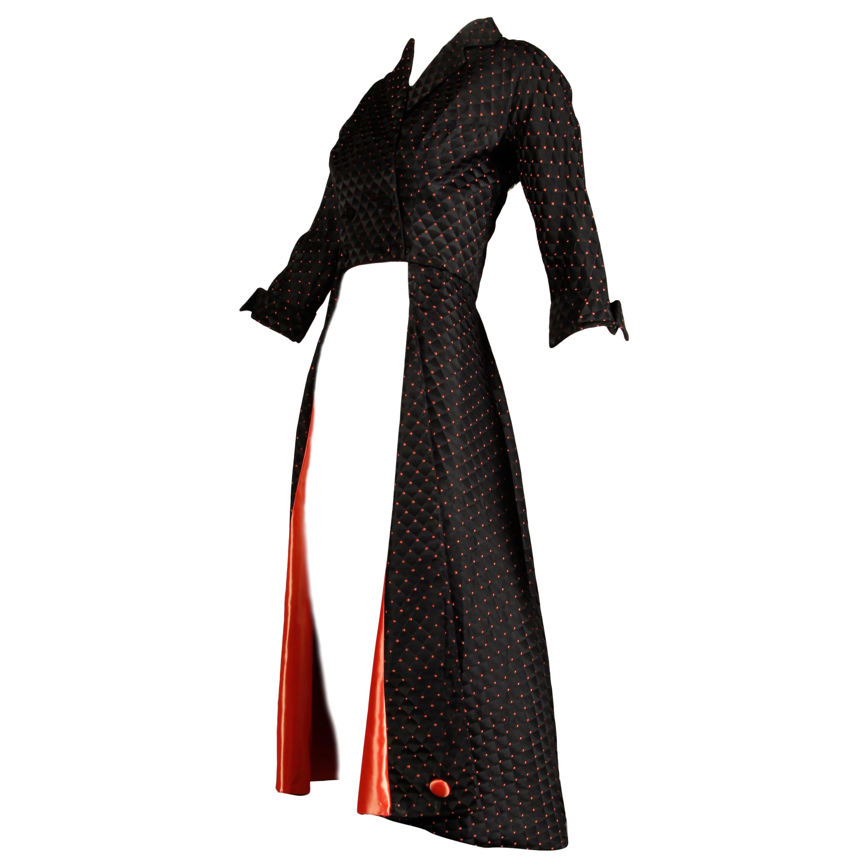 1950s Vintage Black + Coral Satin Tuxedo Jacket or Evening Dress Coat 