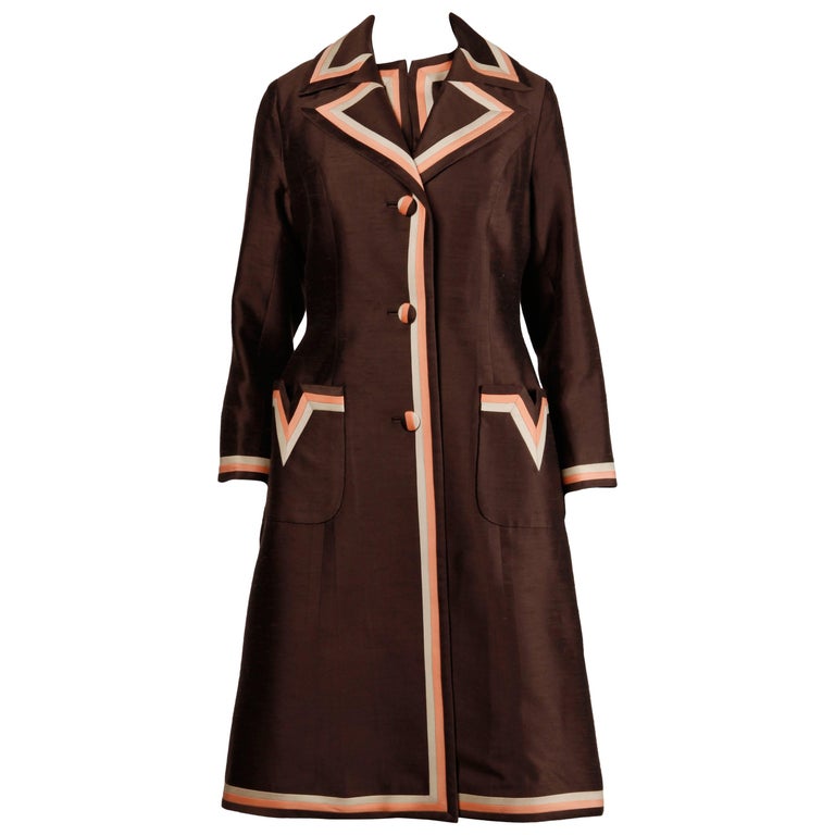 Stunning 1960s Vintage Silk + Wool Pink and Brown Striped Coat + Dress Ensemble For Sale