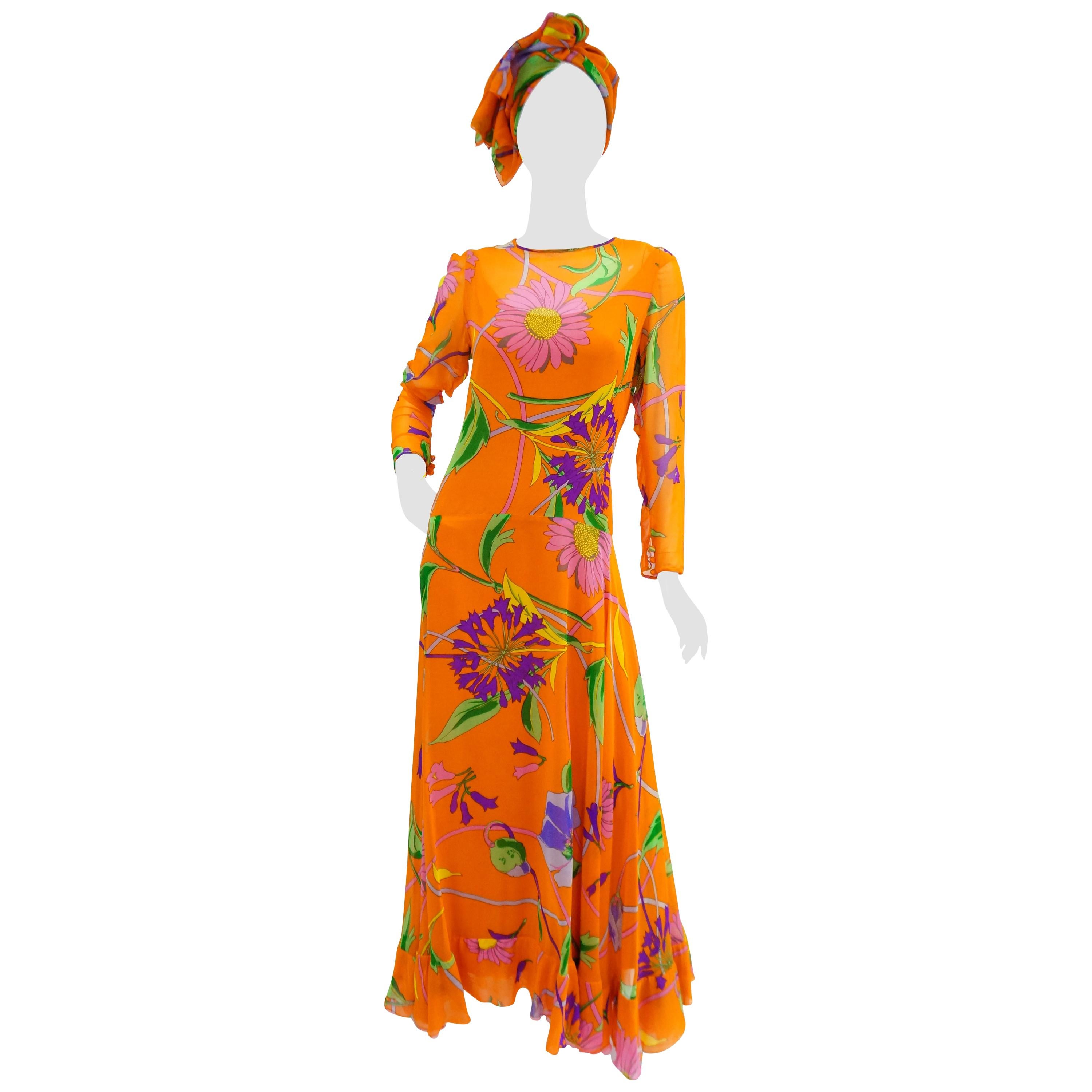 1970s Orange Floral Bias Cut Semi Sheer Dress with Oversized Shawl For Sale