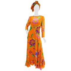 1970s Orange Floral Bias Cut Semi Sheer Dress with Oversized Shawl