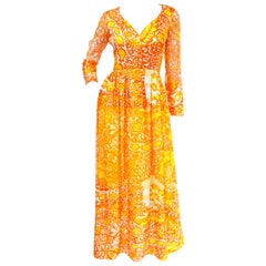 1960s Christian Dior Yellow, Orange and Red Floral Silk Maxi Dress