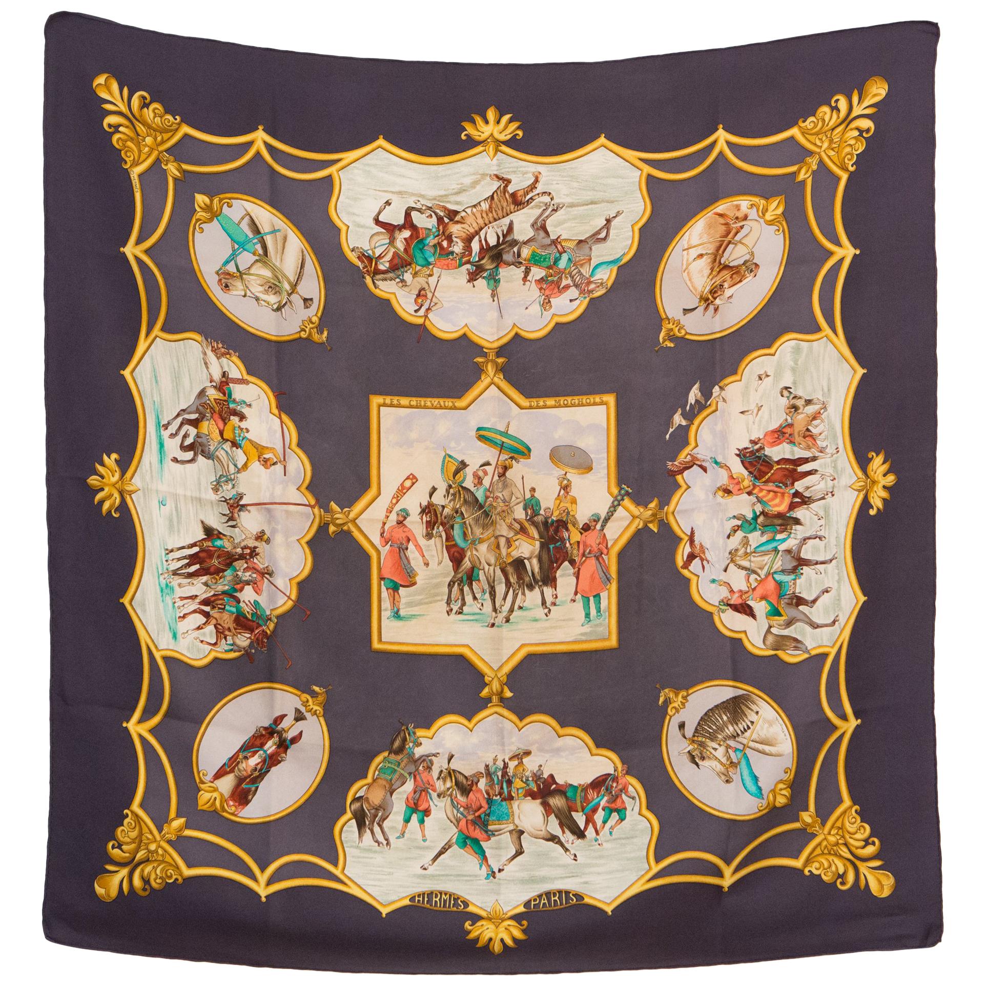 Hermes Grey Silk Scarf Les Chevaux des Moghols For Sale at 1stDibs