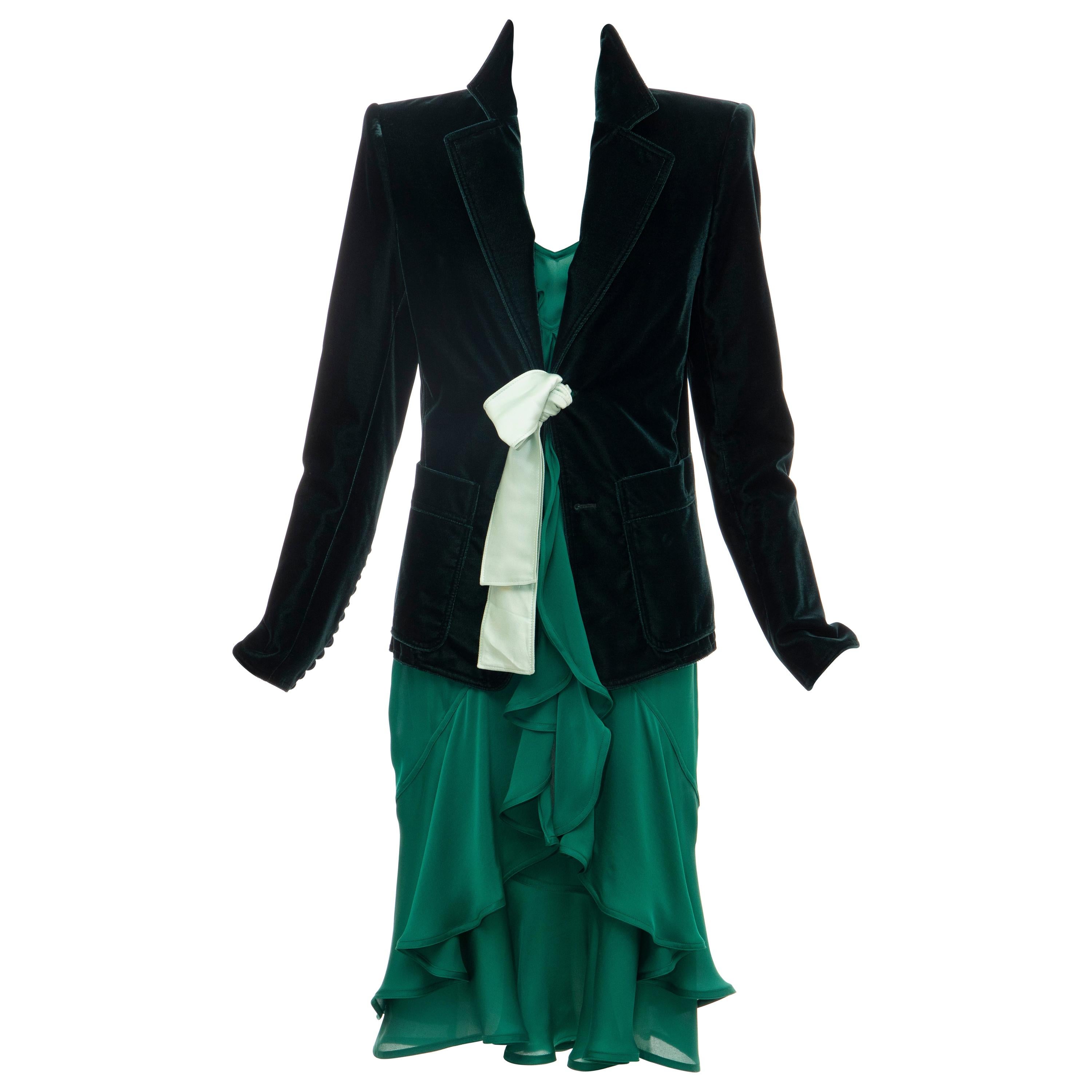 Tom Ford for Yves Saint Laurent Emerald Green Velvet Silk Dress Suit,  Fall 2003