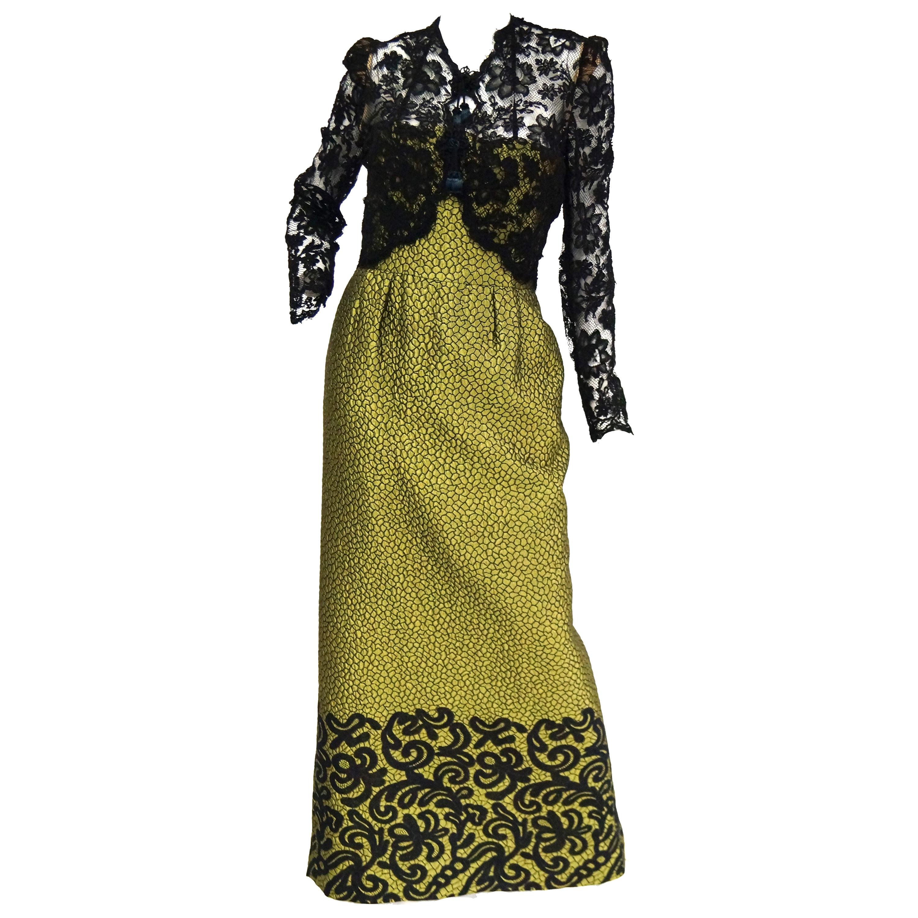 1980s Oscar de La Renta Golden Green “Dragon Scale” Brocade Dress
