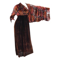  Barbara Bui Devore Red and Ochre Velvet Evening Dress with Wrap Kimono S