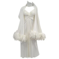 1970s Jill Richards White Knit Grecian Gown with Feather Trim Shawl